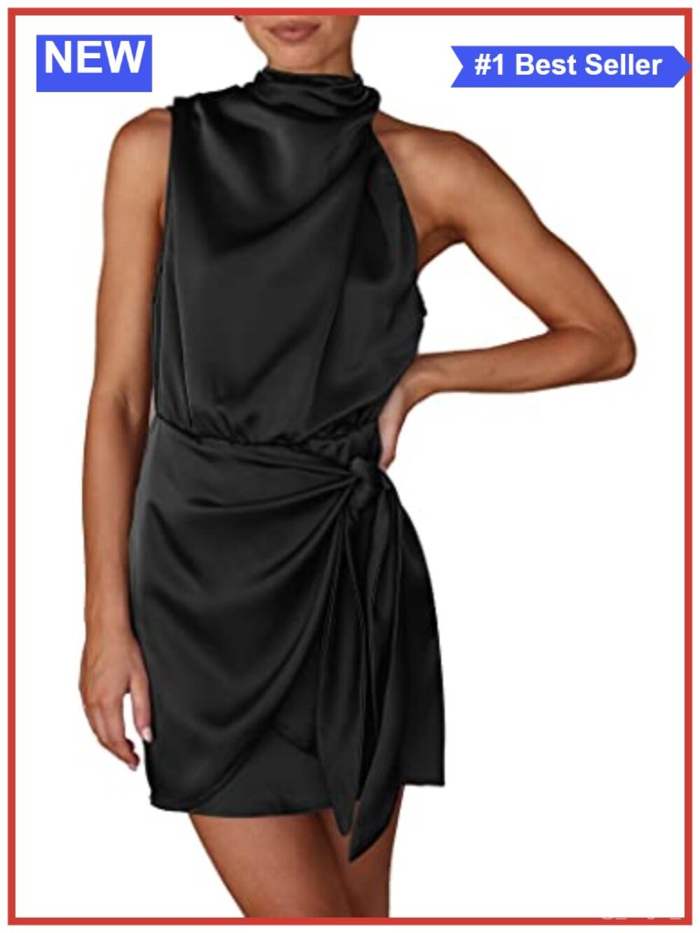 Satin Mock Neck Sleeveless Mini Dress Tie Waist Cocktail Party